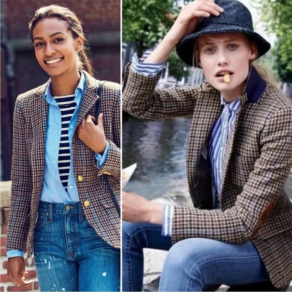J.Crew Rhodes Blazer Jacket Wool Tweed Houndstooth Elbow Patches Brown Size 6 - Picture 9 of 9